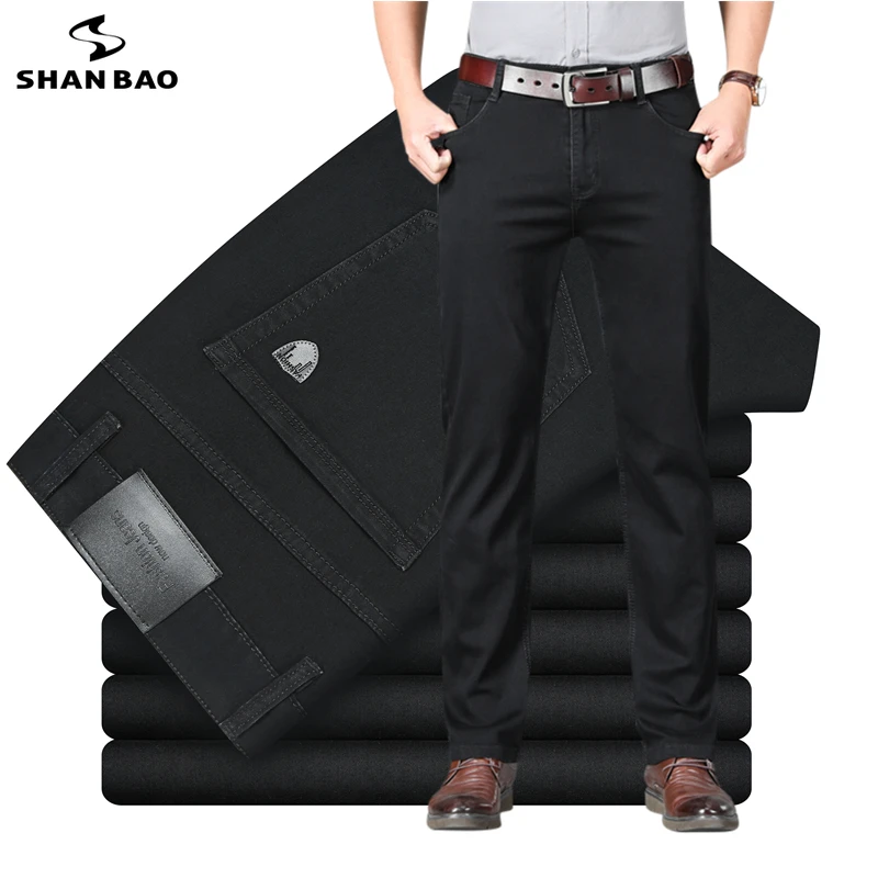 

SHAN BAO Spring Summer Brand Lightweight Straight Black Jeans Classic Business Casual High Waist Men's Stretch Thin Slim Jeans
