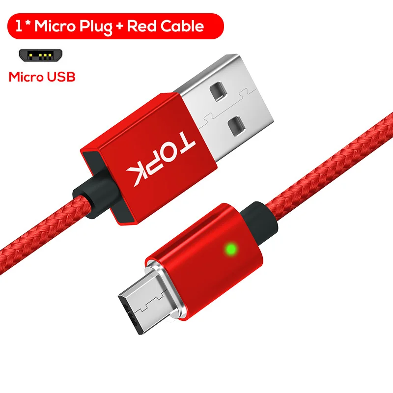 Red Micro Cable Магнитный кабель Micro USB TOPK F-Line и кабель usb type-C для синхронизации данных, светодиодный кабель с нейлоновой оплеткой и магнитным индикатором для зарядного устройства USB C - Цвет: Red Micro Cable