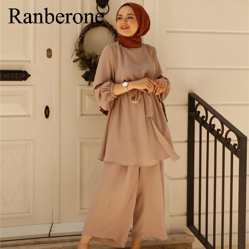 Ranberone Muslim Women Arab Suit Fashion Long Sleeve Tops Wide Leg Pants Islamic Two Piece Set Outfits Female Blouses Women Sets