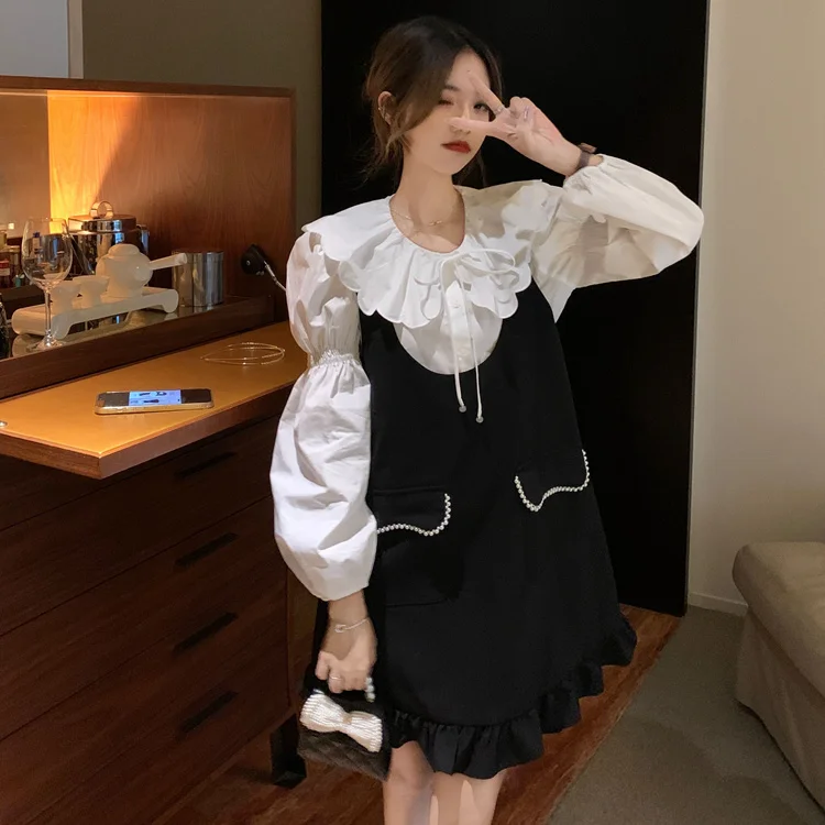 

CMAZ ~ New Summer and Autumn Petal Large Lapel Puff Sleeve Long Sleeve Shirt + Sweet Cute Suspender Skirt Two-Piece Set