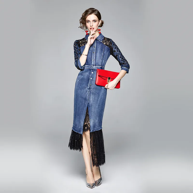 

High Quality Spring Embroidery Lace Midi Blue Denim Dress Women Clothes Elegant Straight Sexy Casual Robe Femme Party Vestidos