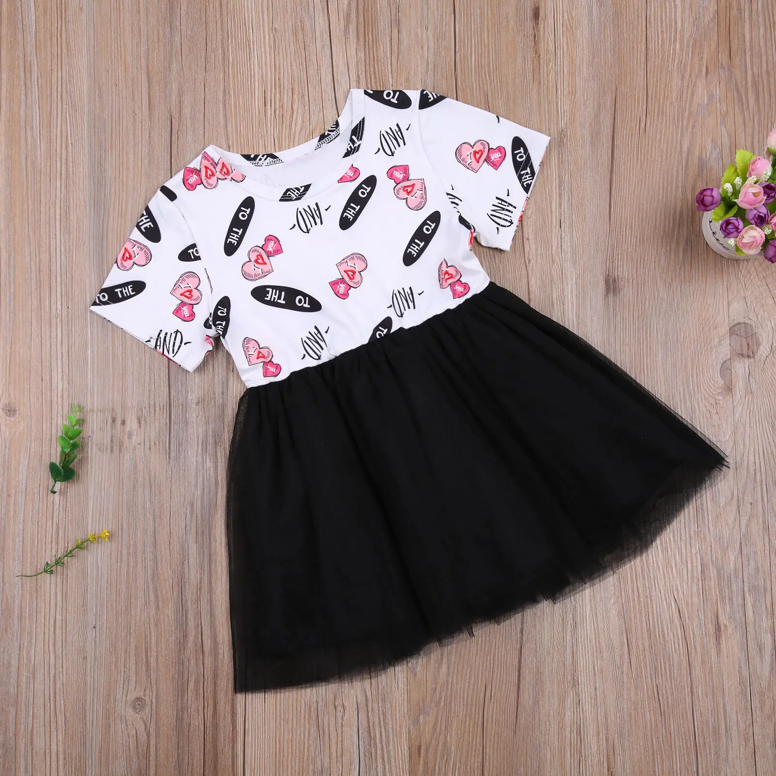 

OPPERIAYA Valentine's Day Toddler Casual Patchwork Dress Baby Girls Love Print Short Sleeve Round Neck Tulle Dresses One-piece