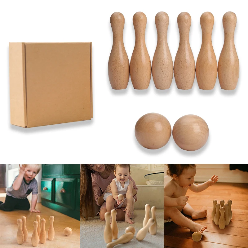 

Montessori Wooden Bowling Bottle set Bowling ball Bowling set Children Sports Toy 13.8cm Height 4.7cm Diameter