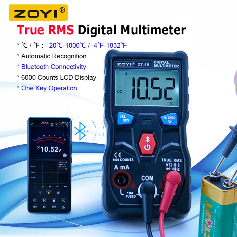 

ZOYI ZT-5B Wireless Digital Multimeter Auto-Ranging True RMS 6000 Counts Voltmeter Volt Amp Ohm Hz NCV Diode Capacitance Temp
