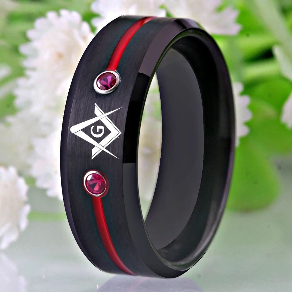 

CLASSIC 8mm Black Men's Tungsten Carbide Ring With White/Blue/Red Stone Masonic Compass Square Free Mason Anniversary Gift Ring