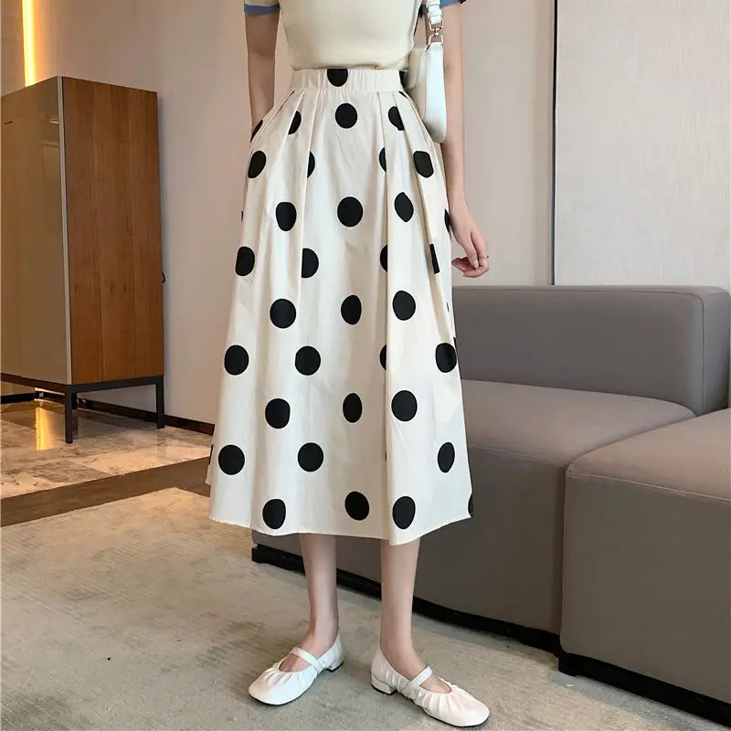 Осенние женские корейские элегантные юбки с высокой талией и принтом в горошек