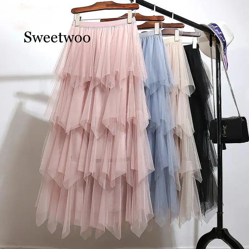 Женская Асимметричная фатиновая юбка модная эластичная сетчатая юбка-пачка с