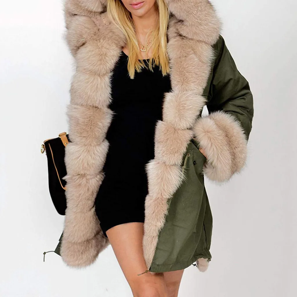 Женская куртка с капюшоном и меховым воротником теплая Длинная ветровка
