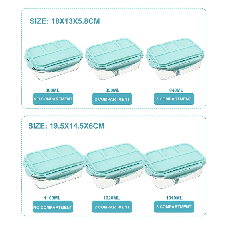 

Glass Lunch Box Microwavable Bento Box Silica Gel Lid Compartments Leakproof Food Storage Container For Food Snack