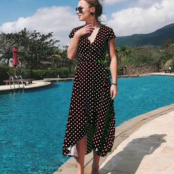 Летнее Элегантное Длинное платье в горошек женское сексуальное пляжное с