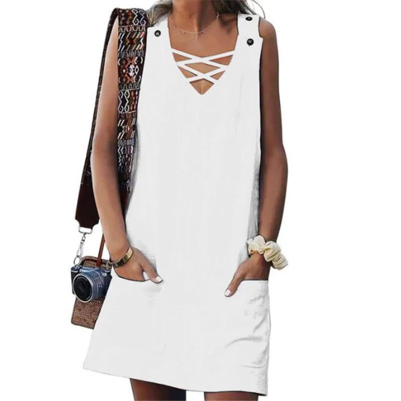 

Fashion Beach Style Dress Women V-Neck Sleeveless Solid Hallow Out Tank Dress Cotton Mini Dress With Pocket