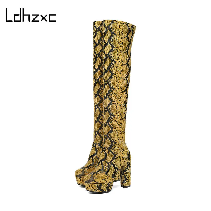 

LDHZXC Fashion Over The Knee Boots Women High Heel Platform Long Boots Autumn Winter Boots Beige Yellow Shoes for Women