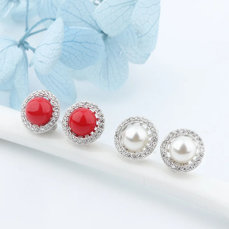 Серьги-гвоздики с красными белыми бусинами 925 пробы серебряные серьги для женщин