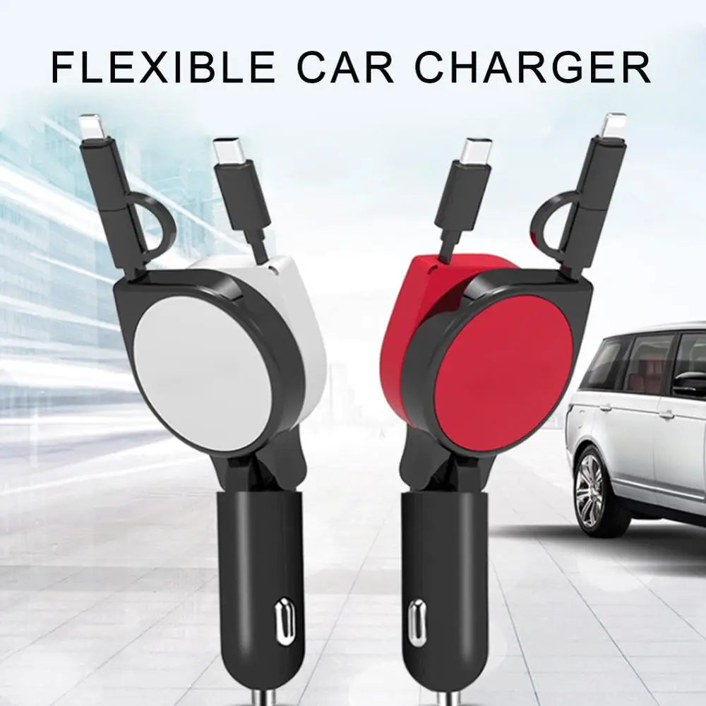 Car Charger Quick Charge 3.1A with Dual Retractable Cable Multifunctional 3 in 1 Compatible Android Type-C iPhone |