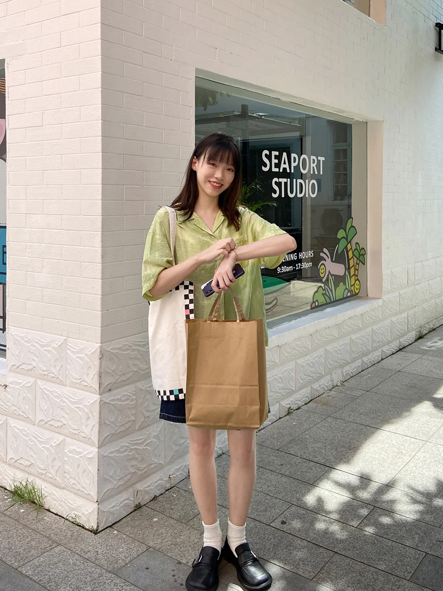 Green Shirt Pomelo Tie Dyed Women's Loose V-neck Short Sleeve Top | Женская одежда