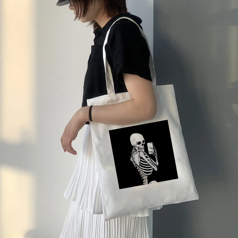

Dark Style Skeleton Print Shopper Bags Handbags Shoulder Bags High Capacity Collapsible Woman Shopping Bags Canvas Bag Tote Bag