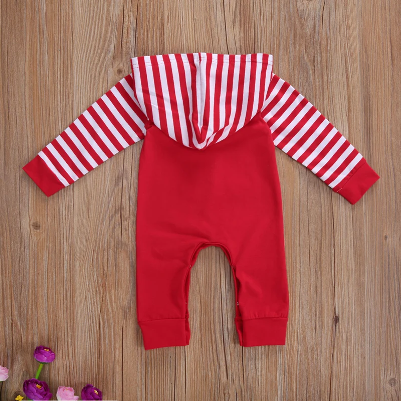 

2020 New 2Styles 0-12M Newborn Boys Girls Christmas Jumpsuits Long Sleeve Hooded Neck Stripe Cartoon Long Romper Overall Clothes