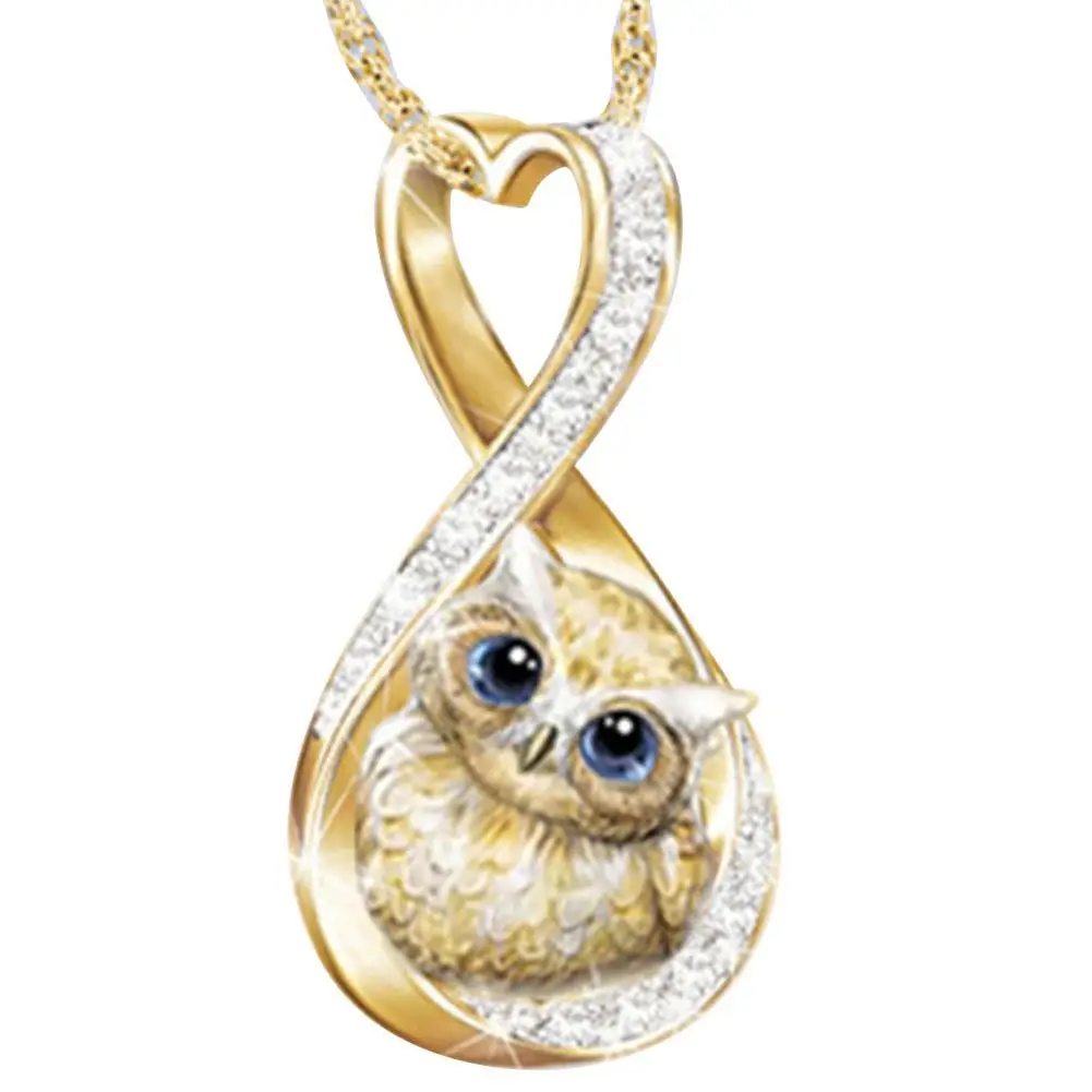 

Animal Necklace Lady Cute Crystal Owl Heart-shaped Moon Ornament Round Bead Chain Pendant Female Jewelry Accessories