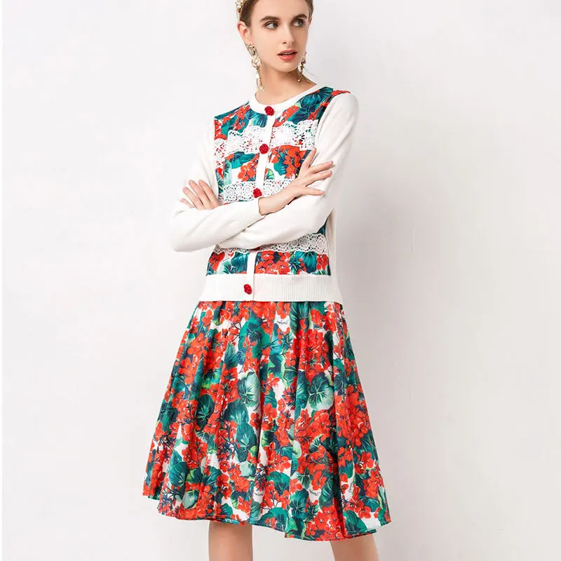 

Fashionable New Women's Clothing Autumn New Three-Dimensional Flower Decoration Splicing Knitwear Printing Skirt Two-Piece Set