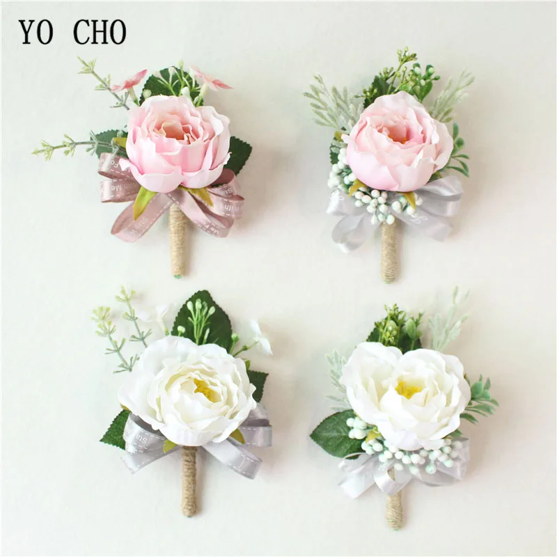 YO CHO Artificial Flower Men Corsage Groom Boutonniere Buttonhole Bridal Wrist Corsages Silk Rose Wedding Planner Accessories