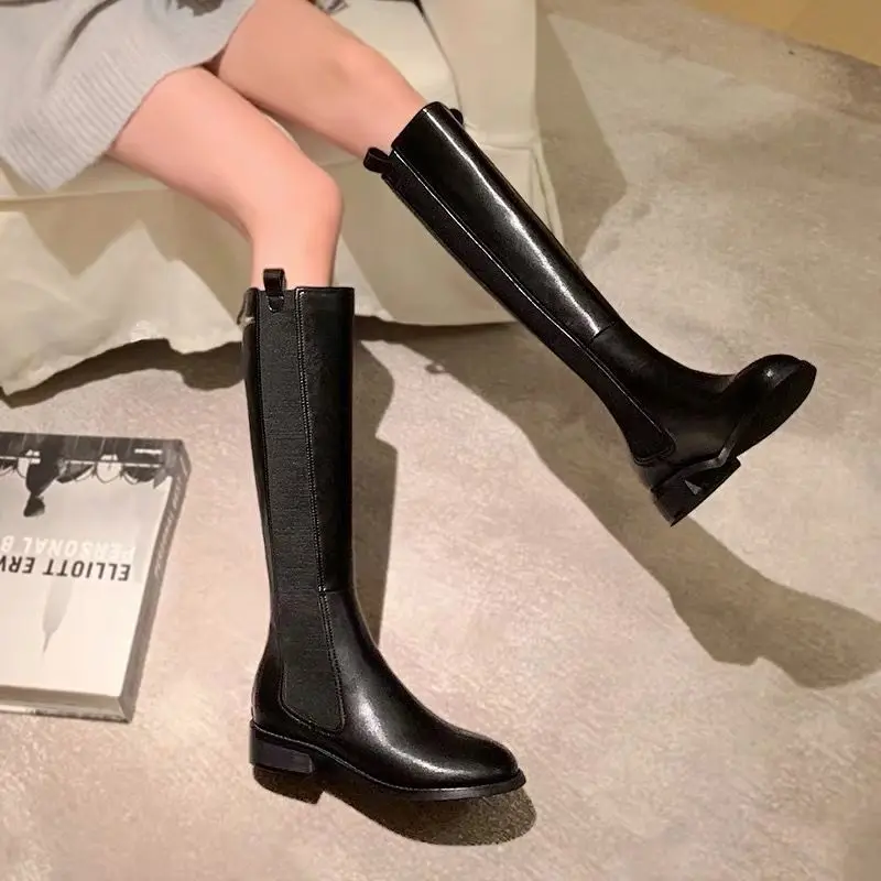 

High Boots Woman Motorcycle Boots Microfiber leather Low Heel 2020 NEW Winter Shoes Back Zipper Footware Round toe Female BLACK