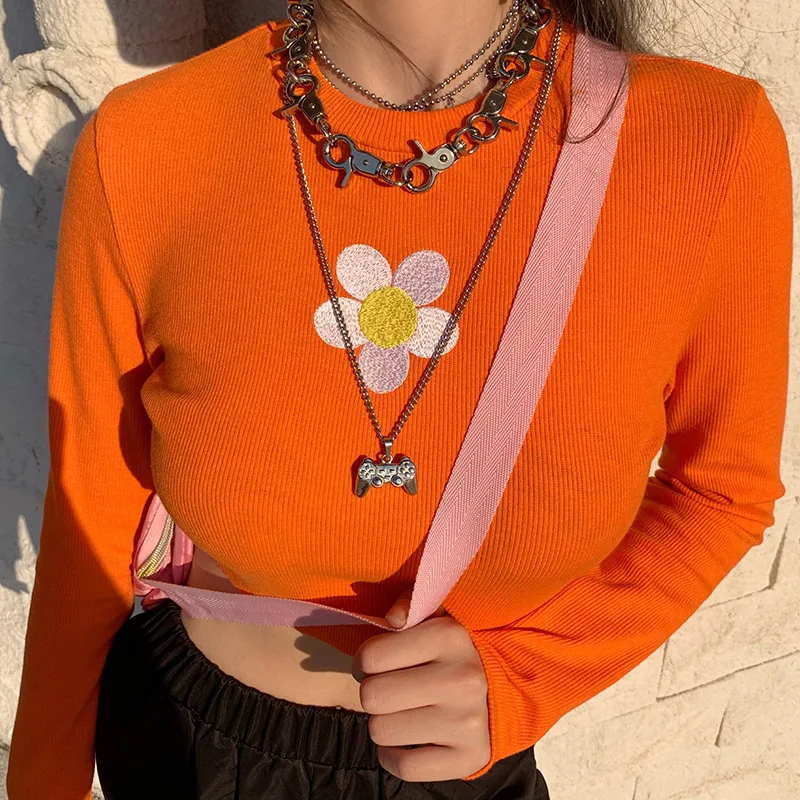 

Harajuku Women Autumn Short T-Shirts Casual Petal Long-Sleeved Printed Knitted Tops Female Spring Fashion O-Neck Orange Tee y2k