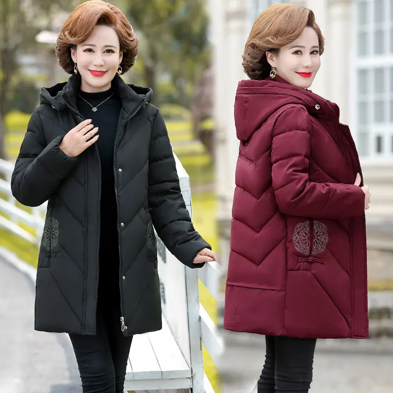 winter clothes women mother middle-aged and elderly ladies plus velvet thick hooded pure color cotton coat woman parkas enlarge