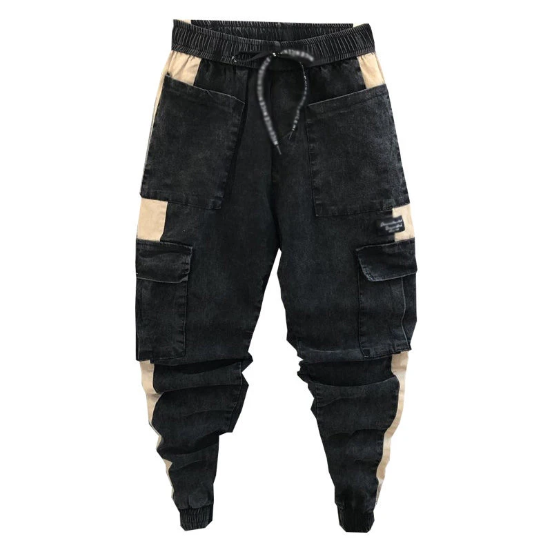 

Idopy Men`s Denim Joggers Cargo Pockets Street Style Elastic Waist Drawstring Ankle Cuffed Patchwork Jeans For Male