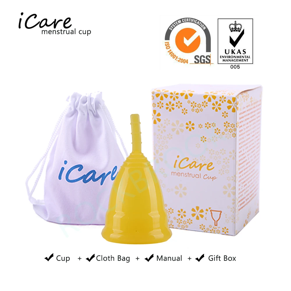 ICare Горячая Распродажа, медицинская силиконовая менструальная чашка для женщин, женская гигиеническая менструальная многоразовая Женская менструальная чашка - Цвет: Yellow cup with box