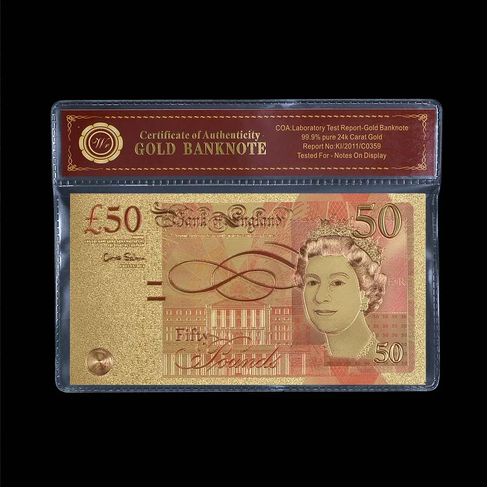 

WR поддельные купюры цветные UK 50 фунтов Позолоченные банкноты реквизит для банкнот британские банкноты с пвх рамкой мужской подарок