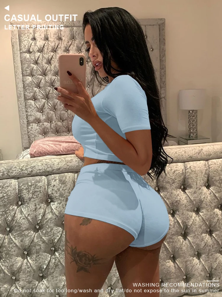 

Women's Alphabetic Print Short Sleeve Fashion Casual Suit Two - piece Suit for Women's Micro - elastic Fitness Exercise