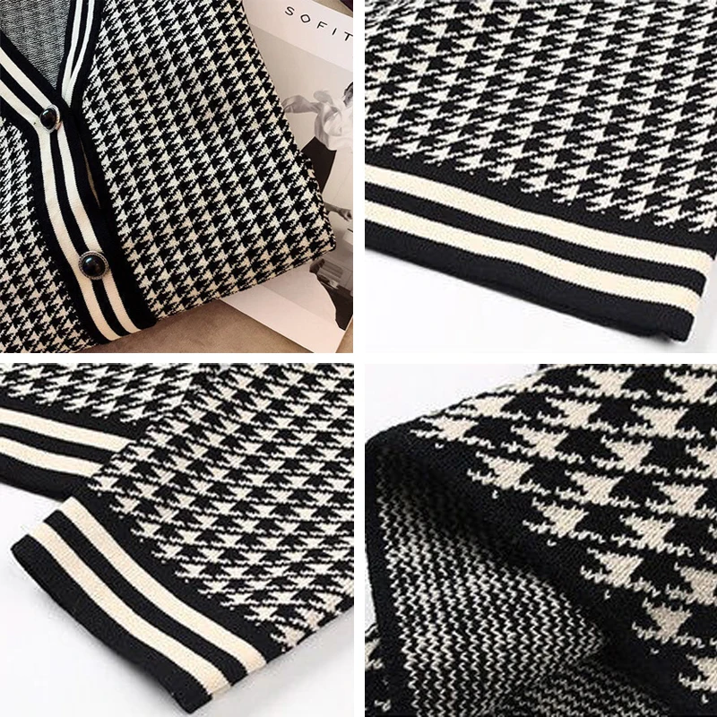

Women Short Knitwear Cardigan And Loose Wide Leg Pants Korean Style Sets Plaid Contrast Color Vintage Knitted Two-Piece Suit