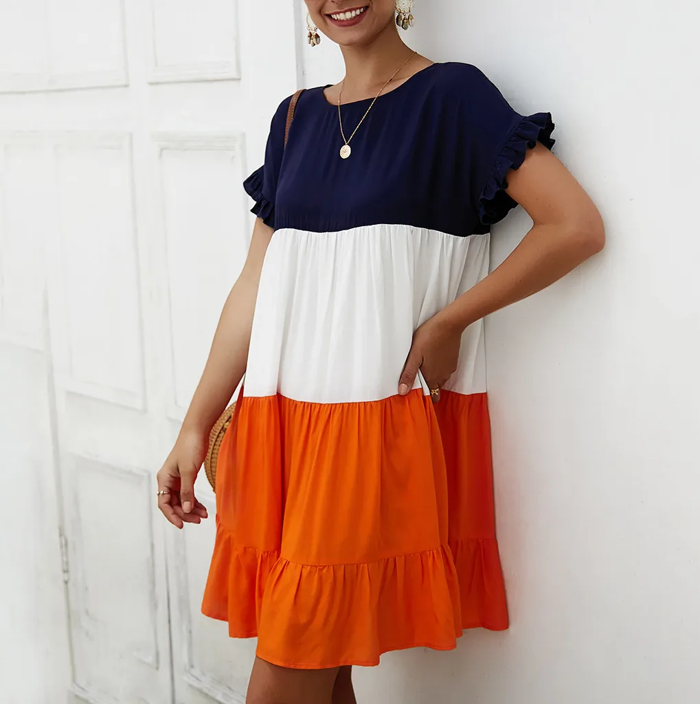 2019 летние современные женские повседневные Лоскутные с круглым вырезом новые