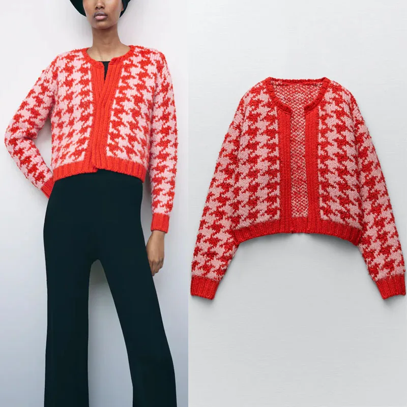 

Женский трикотажный кардиган с круглым вырезом Za, красный Повседневный свитер в клетку с длинным рукавом, Осень-зима 2021