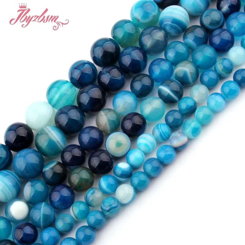 6 8 10 12 мм Гладкий Круглый бисер в полоску синий Агаты натуральный камень бусины