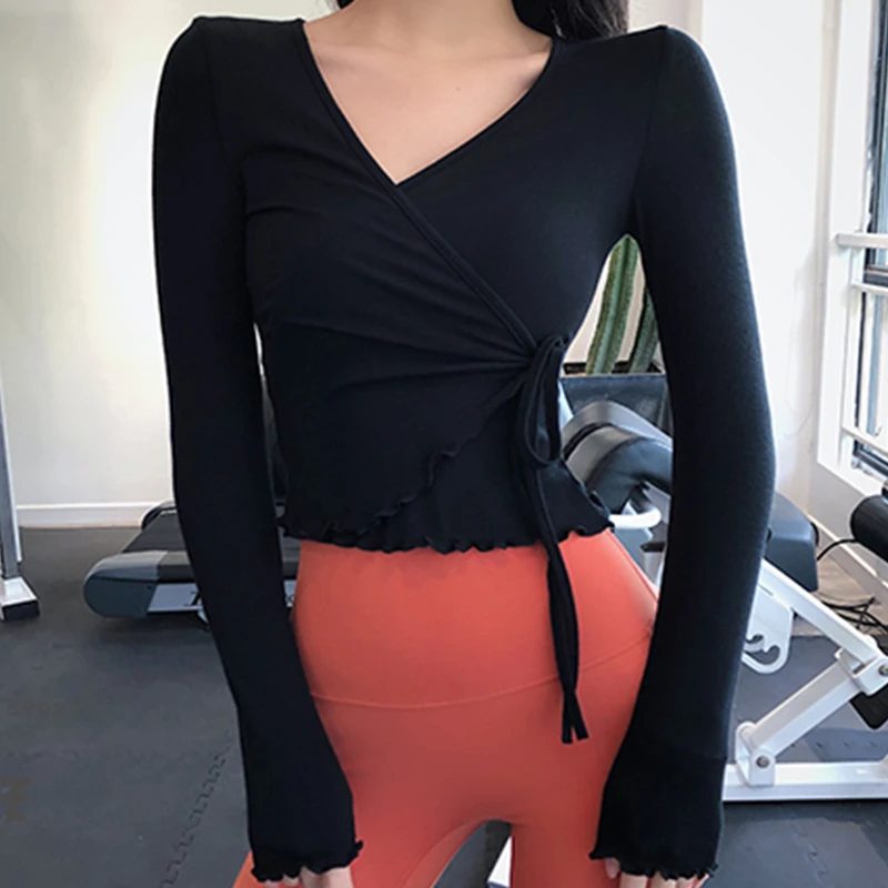 

Fitness Women Sport Shirt Cross Lacing V-neck Yoga Crop Top Workout Long Sleeve Solid Gym Jersey Female Sportswear