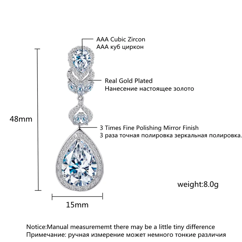 Женские Висячие серьги с фианитом RAKOL синие каплями воды для свадебного обеда