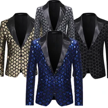 Lucesam – veste Blazer à paillettes brillantes pour hommes, Costumes Disco de Performance sur scène, veste de costume Slim pour marié et chanteur  (4)