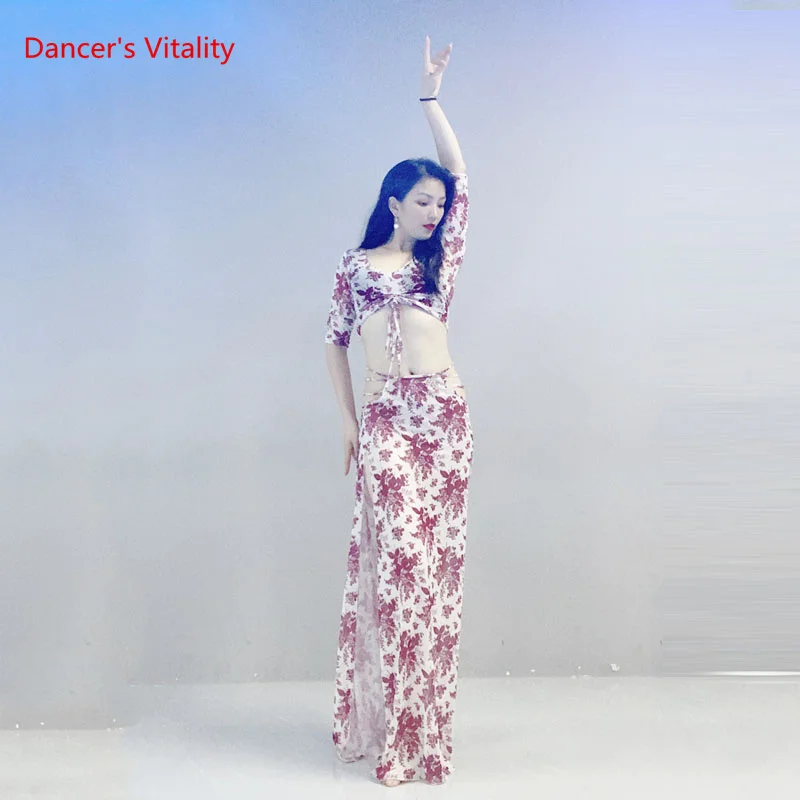 Belly dance suit Fashion  print flowers belly dacning suit top and split skirt 2pcs Oriental Dance set Exotic dance wear