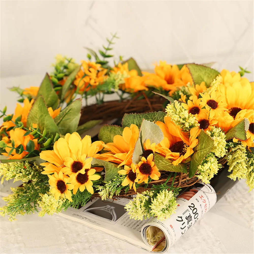 Искусственный подсолнух осенний венок Подсолнух Эвкалиптовый листья ротанга