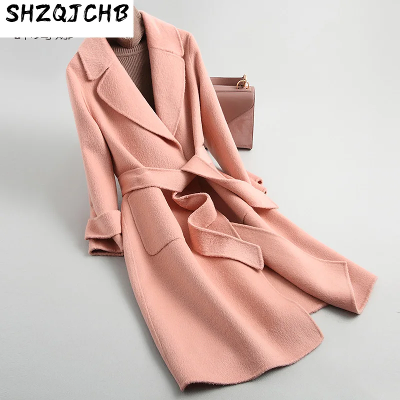 

Женское шерстяное пальто SHZQ, длинное двухстороннее пальто из шерсти альпака, на шнуровке, весна