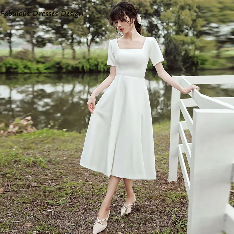 

Square Collar Tea Length Wedding Dresses Short Sleeve A Line 2021 Simple Korean Bridal Gown Elegant Vestido de Novia