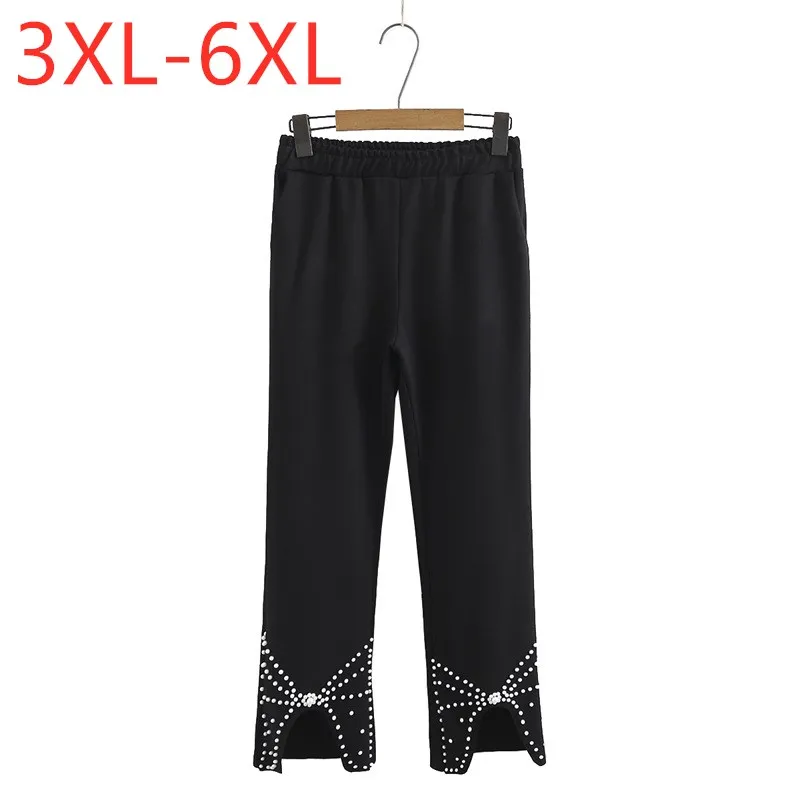 

New 2021 Ladies Spring Summer Plus Size Cropped Pants For Women Large Slim Elastic Beads Black Flared Trousers 3XL 4XL 5XL 6XL