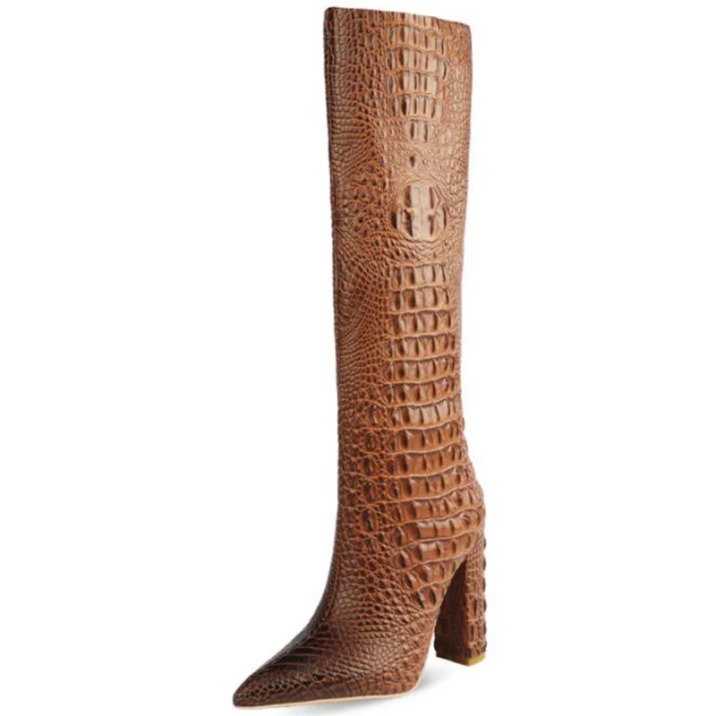 Crocodile Embossed PU Knee-High Boots Women Pointed Toe Slip-On Super High Heels Shoes Luxury Fashion Zapatos De Mujer | Обувь