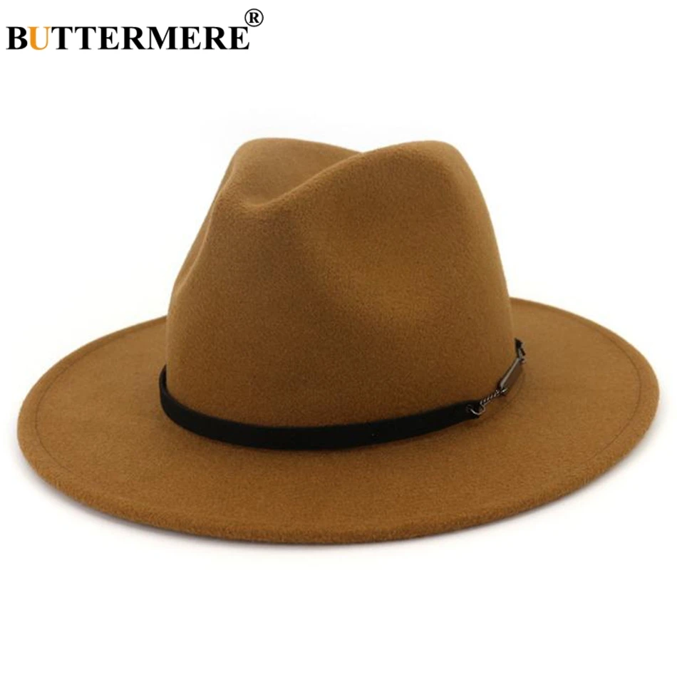 

BUTTERMERE Wide Brim Fedoras Men Wool Hats Khaki Casual Jazz Hat Women Large Brim Solid Belt Autumn Fashion Fedora Caps Black