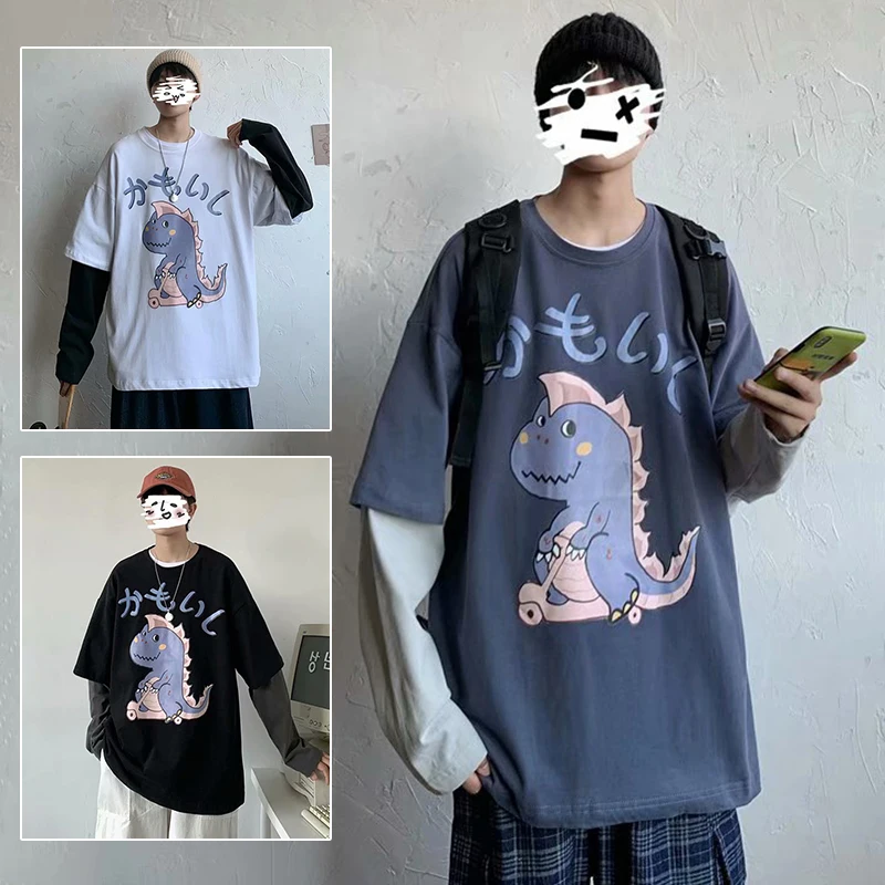 

Fake Two Long Sleeve Men Tshirts Fashion Hit Color Spliced Oversized Japanese Streetwear Kawaii Dinosaur Anime Print Clothes Top