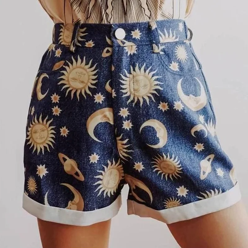 

2021 Indie Print Shorts Women Fashion Starry Sky Pattern Mid Waist Shorts 2021 Summer New High Street Button Fly Straight Shorts