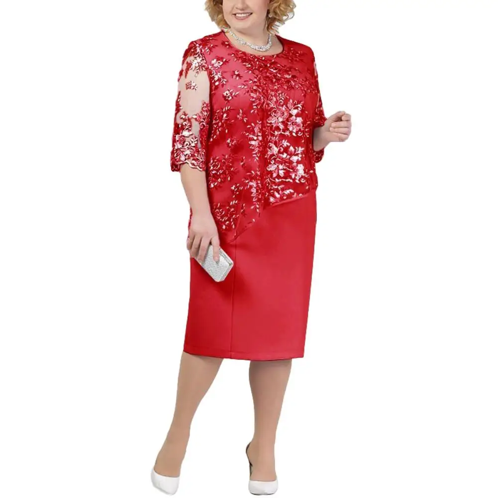

Party Dresse for Women Sheer Half Sleeve Floral Lace Layered Mother of Bride Midi Dress Lace Mom Elegant Dress Summer