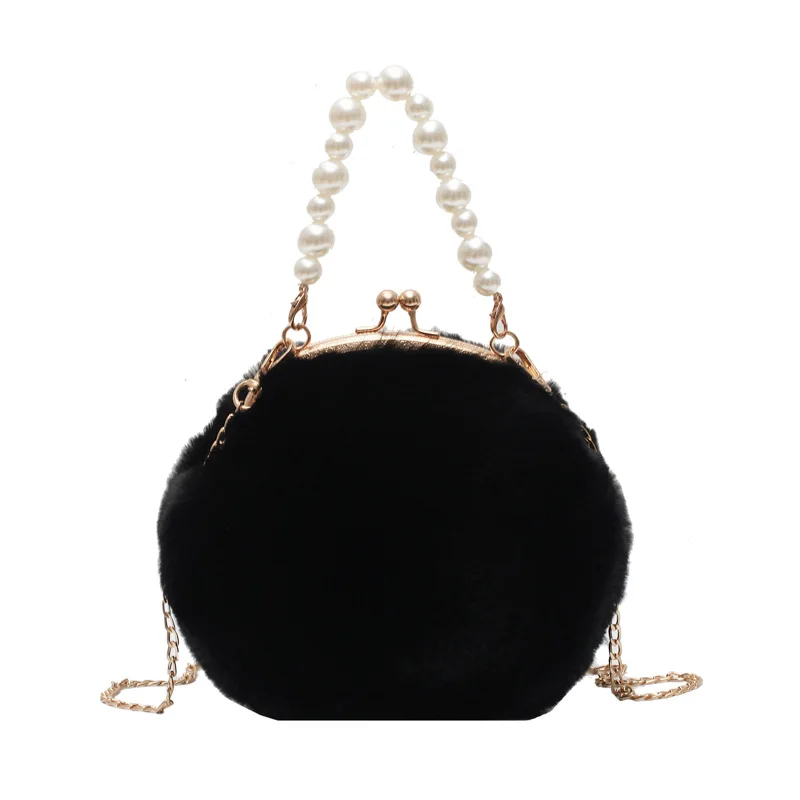 

2021 New Wool Bag New Pearl Portable Small Round Bag Personality Plush One-shoulder Messenger Bag purses