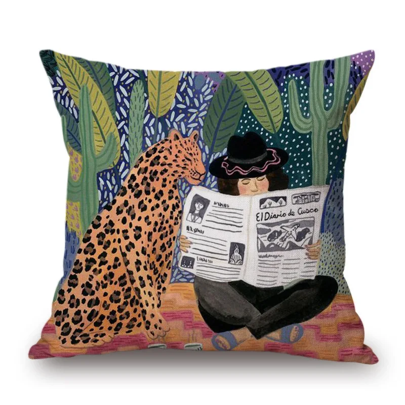 

Tiger Flora And Girl Watercolour Pillow Cover Decorative Home Illustration Pillowcase Linnen Handmade Leopard Tissue Lady